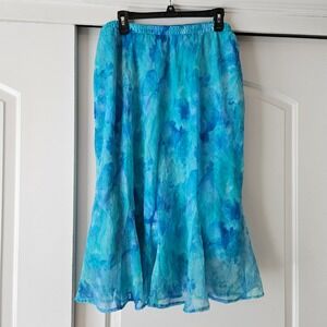 Blue Floral Watercolor Maxi Skirt XL Trumpet Flare Long Spring Prom Formal